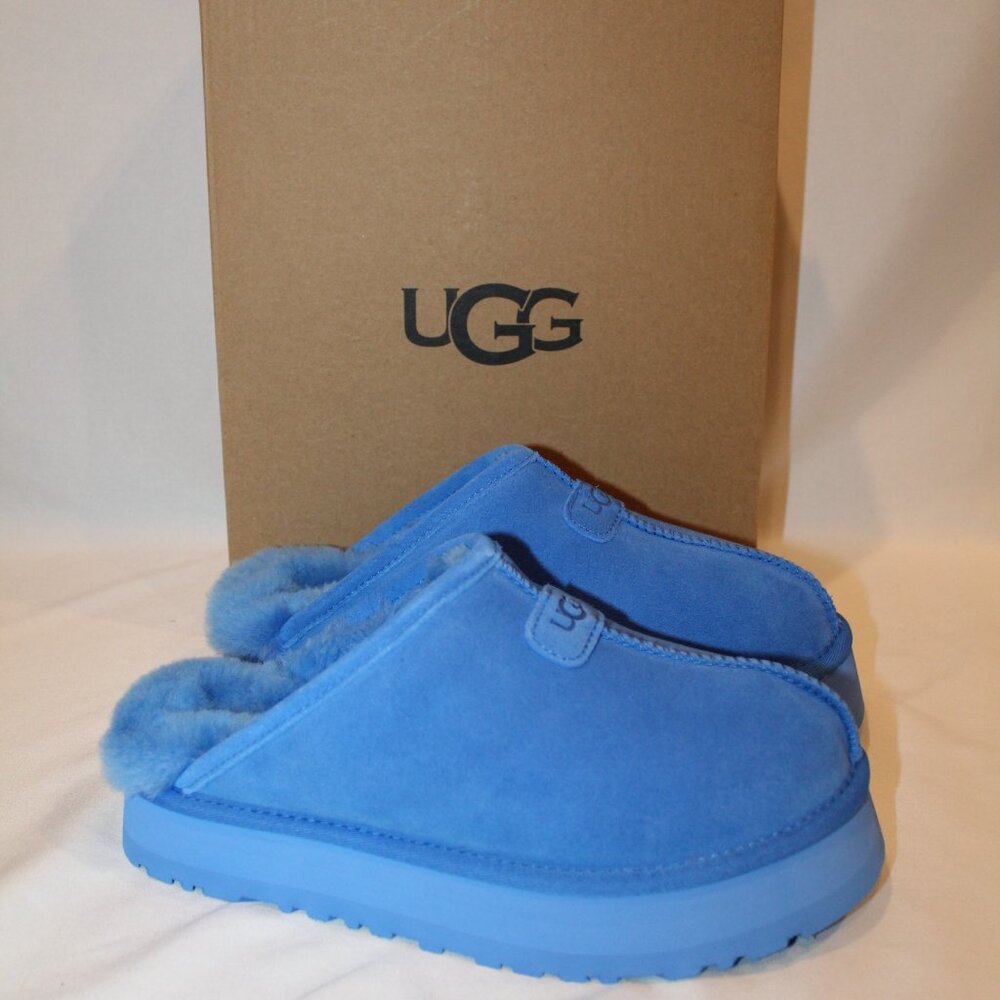 NIB UGG WOMEN'S DISCOQUETTE SUEDE SHEARLING LINED‎ SLIPPERS BLUE